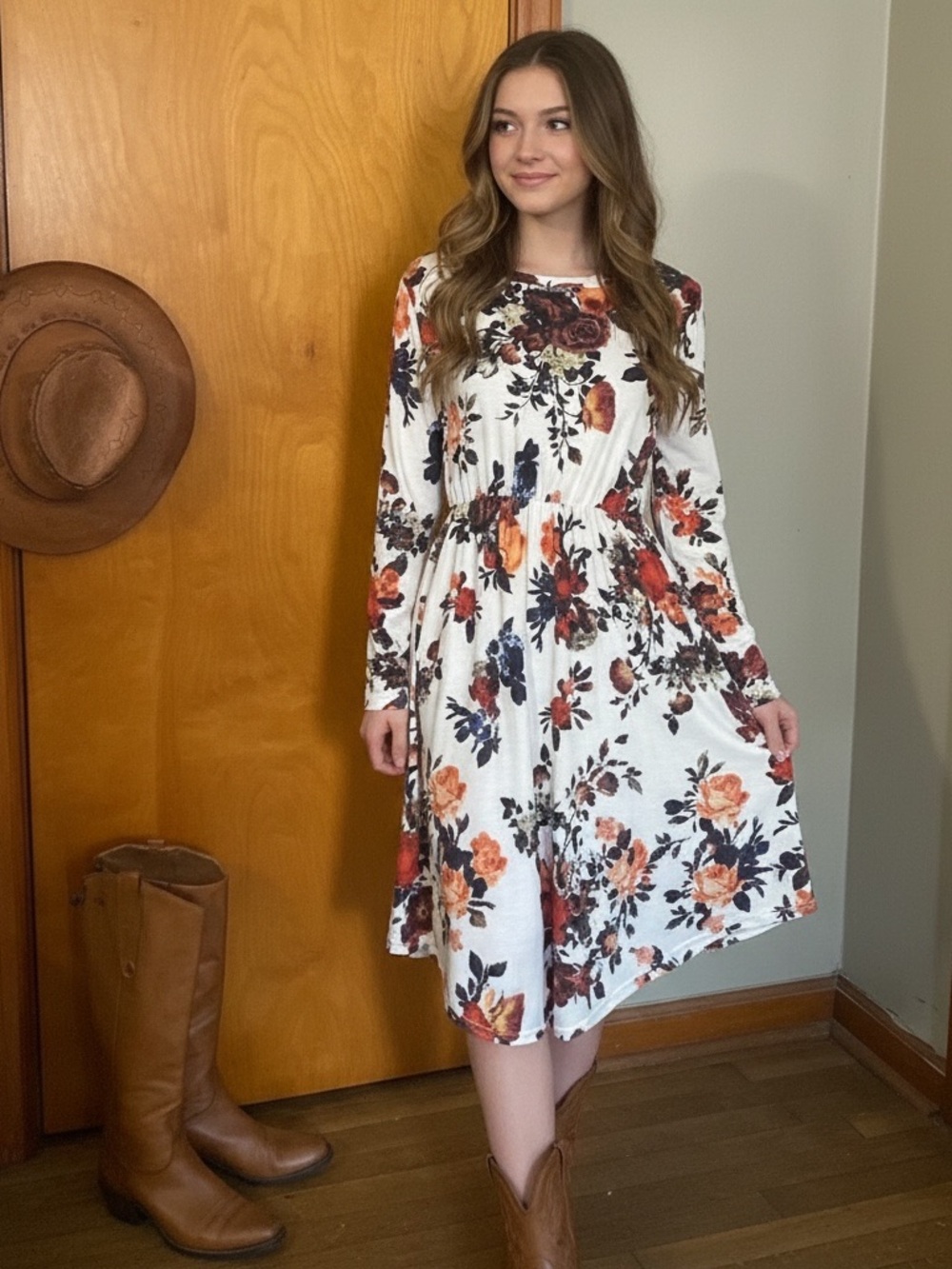 Multicolor, long sleeve floral, modest dress size medium